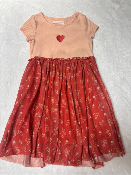 Young Hearts Other - Girls Peach Top with Red Floral Skirt Casual Dress